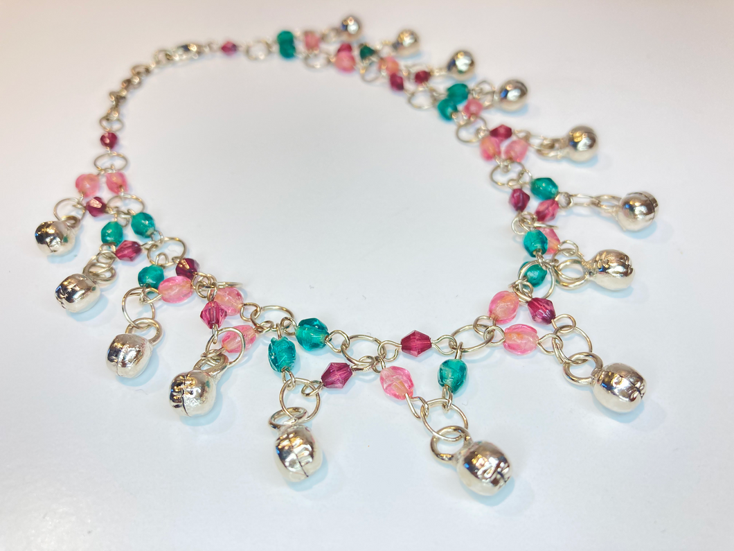 Silver Anklet with Bells (Pink + Blue)